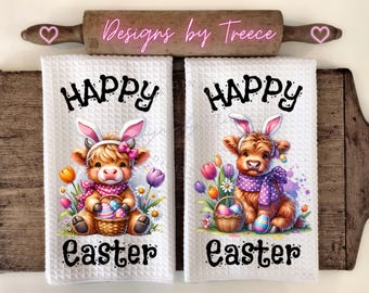 Highland Cow Bunny Easter Kitchen Hand Towel Apron Sublimation Bundle PNG Graphic Designs Instant Digital Download