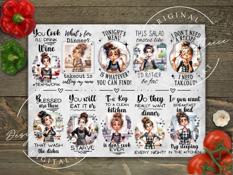 May include: A kitchen-themed print with cartoon illustrations and humorous text. Phrases include "You Cook, I'll Drink Wine" and "I Don't Need a Recipe, I Need Takeout!" The artwork is set against a wooden background, with a rustic feel.