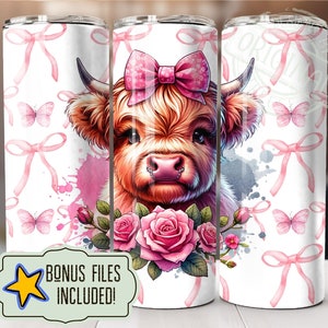 Highland Cow Coquette Pink Bows Soft Girl Aesthetic 20 oz Skinny Floral Tumbler Wrap, Sublimation Design, Instant Digital Download PNG