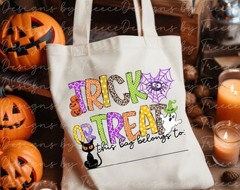 Diseño de bolsa de mano infantil para pedir dulces, Halloween, descargas PNG digitales, diseño de garabatos a color, descarga instantánea