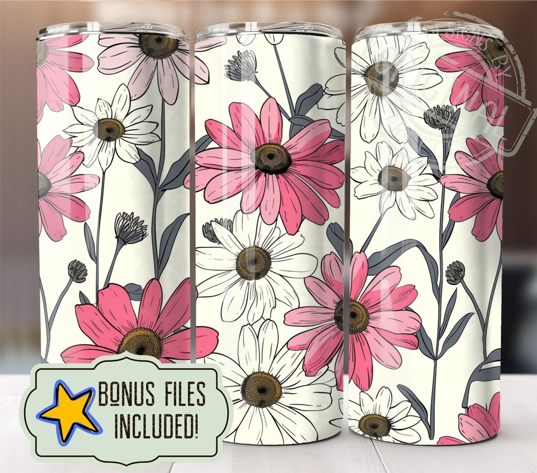 Seamless Pink Drawing Daisies Floral 20 Oz Skinny Floral Tumbler Wrap ...