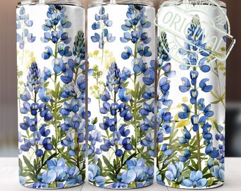 Watercolor Texas Bluebonnet II Seamless 20 oz Skinny Floral Tumbler Wrap, Sublimation Design, Instant Digital Download PNG, Art Deco