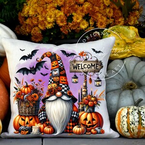 May include: A Halloween-themed cushion featuring a gnome with a long white beard and a tall hat decorated with pumpkins. The cushion includes a "WELCOME" sign, bats, and jack-o'-lanterns. The colour palette includes orange, black, and purple.