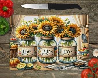 Country Farmhouse Sunflower Jars, Kitchen Glass Cutting Board Digital Sublimation PNG File, Instant Download