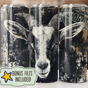 May include: A black and white goat head with a wooden background. The goat's head is painted in a realistic style with a white face and black fur. The wooden background is painted in a distressed style with black and white paint.