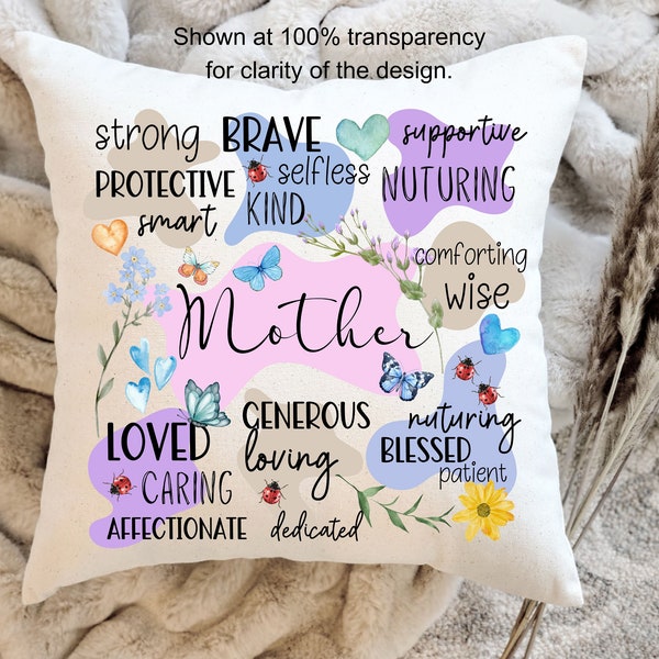 Mother's Day, Mom Pillow Cover Design Watercolor Flowers, Butterflies, Ladybugs PNG Graphic Instant Digital Download