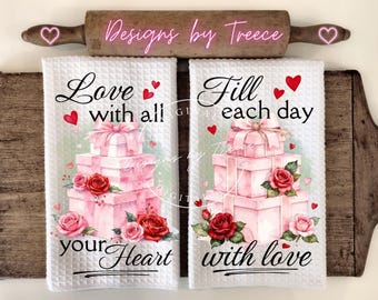 Pink Gift Stack Valentine Towel PNG Bundle | Farmhouse Love Kitchen Sublimation Designs