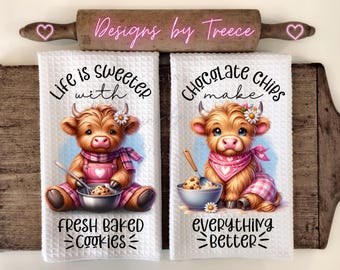 Highland Cow Cookie Kitchen Towel PNG Bundle Farmhouse Baking Sublimation Design