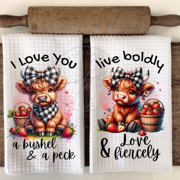 Highland Cow Black Check Strawberries Hand Towel Apron Sublimation Bundle - PNG Graphic Designs - Instant Digital Download