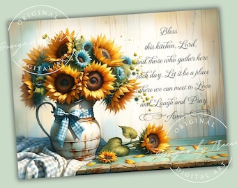 Sunflower Kitchen Glass Cutting Board PNG: Bless This Kitchen Design (Digital Download 16x12 inches)
