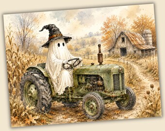 Country Ghost Farmer Tractor Cutting Board PNG, Farmhouse Halloween Kitchen Decor, Fall Farm Digital Download