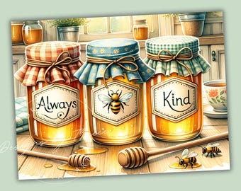 Op de afbeelding: Drie glazen potten gevuld met honing, elk met een ander label: "Always", "Kind" en een bij. De potten zijn versierd met gingham en bloemenstof. Twee honinglepels en drie bijen bevinden zich op een houten oppervlak.