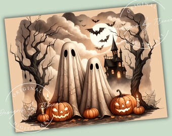 Halloween Ghosts Glass Kitchen Cutting Board PNG Sublimation Design Haunted House Pumpkins Bats Full Moon Digital Download 16x12