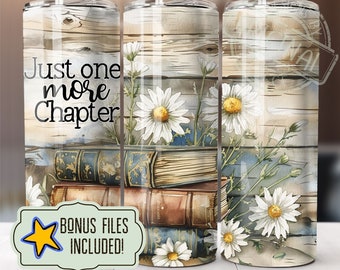 Seamless Floral Books Just One More Chapter 20 oz Skinny Tumbler Wrap, Sublimation Design, Instant Digital Download PNG, Art Deco