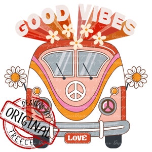 Good Vibes Van PNG, Retro Floral Design, Hippie Bus Use for t-shirts, mugs, apparel, tote bags Instant Download