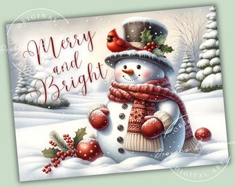 Merry and Bright Snowman Kitchen Glass Cutting Board PNG Christmas Sublimation Design Winter Cardinal Holiday Digital Download