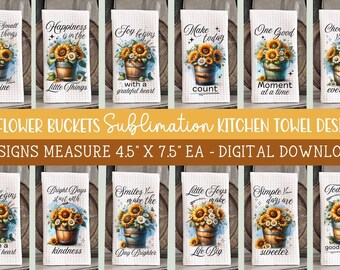 12 Sunflower Buckets Towel Sublimation - Kitchen Towel Designs - Rustic Country PNG Design Bundle