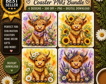 Highland Cow Coaster PNG, Floral Farmhouse, Sublimation File, Daisy Sunflower Lavender Wildflower Design Bundle, Digital Download
