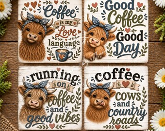 Set di sottobicchieri con mucca delle Highlands in formato PNG, stile fattoria, sublimazione, download digitale.