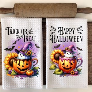 Halloween Ghost Pumpkin Cup Kitchen Hand Towel - Apron Sublimation Design - Happy Halloween - Trick or Treat PNG Instant Digital Download