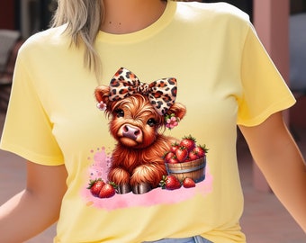 Highland Cow Strawberries Leopard Bow Summer | Graphic Design | Colorful Whimsical Instant Digital Download PNG, for Tshirts, Mugs, Totes