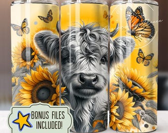 Highland Cow Sunflower Tumbler Wrap: 20 oz Skinny Sublimation Design (PNG Digital Download)
