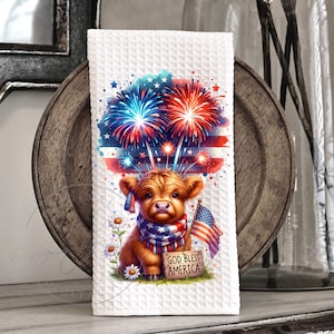 Patriotic 4th July God Bless America Highland Cow Whimsy Kitchen Towel Apron Sublimation - Graphic Designs - Instant Digital Download