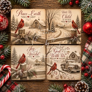 May include: Four square coasters featuring winter scenes with red cardinals, snowy landscapes, barns, and a vintage truck. Each coaster displays religious text including Peace on Earth, Unto Us a Child Is Born, Joy to the World, and God With Us.