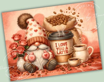 Valentine Gnome Coffee PNG | I Love You a Latte Cutting Board Sublimation Design