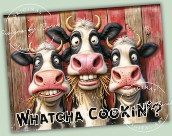 Funny Cow Kitchen Glass Cutting Board PNG Sublimation Design: Whatcha Cookin Whimsical Farmhouse Digital Download