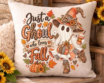 Fall Ghost Pillow PNG, Homespun Country Halloween Decor, Just a Ghoul Sublimation Digital Download