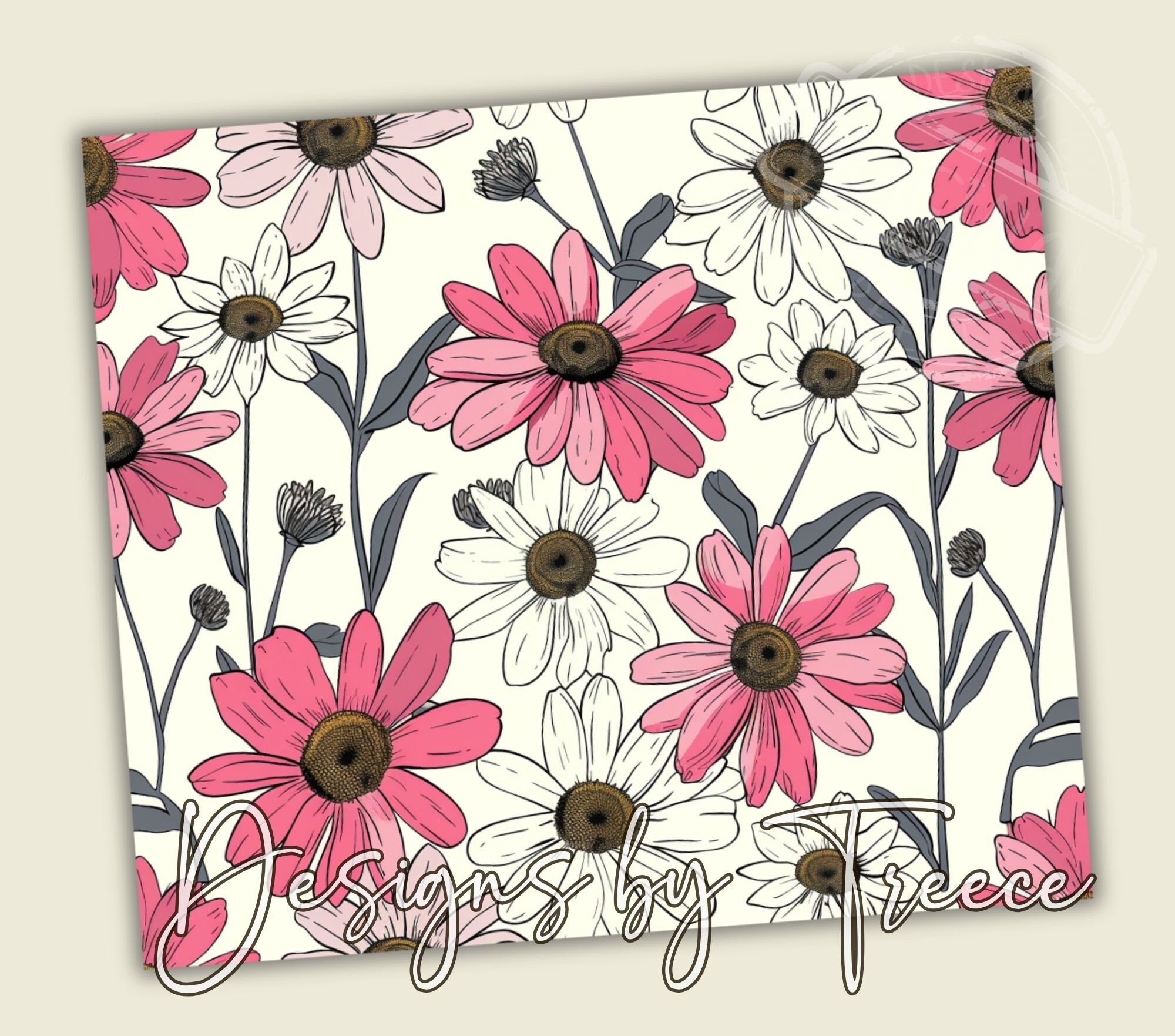 Seamless Pink Drawing Daisies Floral 20 Oz Skinny Floral Tumbler Wrap ...