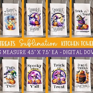 12 Halloween Towel Sublimation - Kitchen Towel Designs - Spooky Treats, Ghosts, Pumpkins, Skeletons, PNG Design Bundle