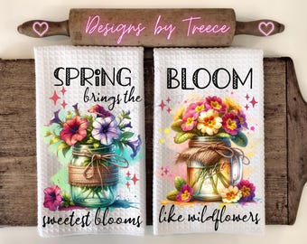 Mason Jar Floral Kitchen Towel PNG Sublimation Design (Digital Download)