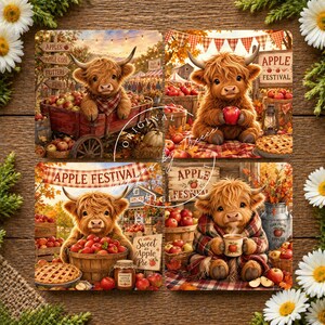 May include: A set of four square coasters featuring illustrations of fluffy Highland cows at an apple festival. The designs include cows with apples, a wagon, a jar of apple butter, and a pie, with text reading Apple Festival and Sweet as Apple Pie.