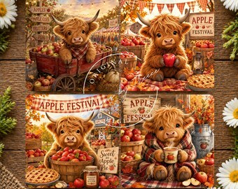Apple Festival Baby Highland Calf Autumn Farmhouse Coaster Bundle Sublimation PNG