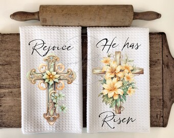 Easter Cross Towel PNG | Rejoice He Has Risen | Christian Kitchen Sublimation