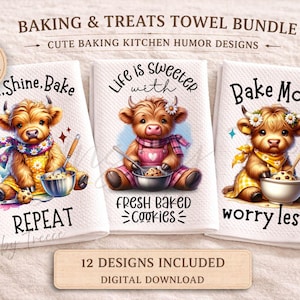 Baking Kitchen Towel PNG Bundle, Highland Cow Treats Designs, Funny Cookie Sublimation Download