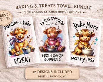 Baking Kitchen Towel PNG Bundle, Highland Cow Treats Designs, Funny Cookie Sublimation Download