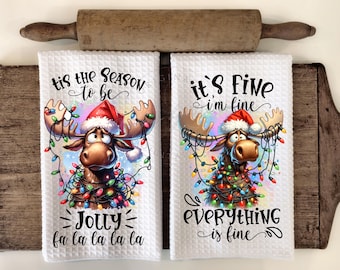 It&#39;s Fine Moose - Tangled Christmas Lights - Kitchen Hand Towel Apron Sublimation Bundle PNG Graphic Designs Instant Digital Download