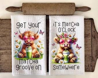 Matcha Highland Cow Kitchen Towel Sublimation Design (Digital Download)