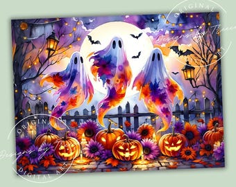 Spooky Ghosts Halloween Kitchen Glass Cutting Board Sublimation Design PNG Digital Download