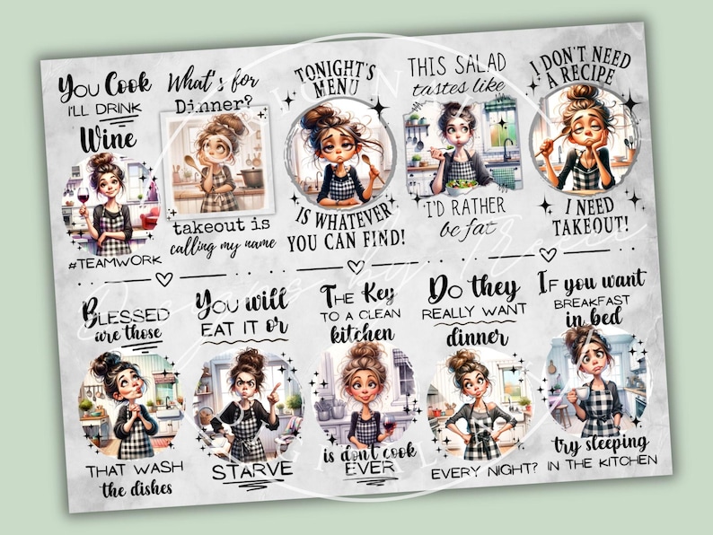 May include: A decorative print with cartoon illustrations of a woman in a kitchen. The print includes phrases about cooking and food, such as "You Cook, I'll Drink Wine" and "I Don't Need a Recipe, I Need Takeout!"