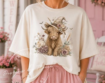 Shabby Chic Highland Cow PNG, Vintage Floral Witch Hat Cottagecore Farmhouse Autumn Sublimation Pillow, Tote,Shirt, Mug