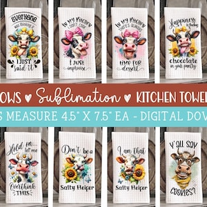 12 Funny Sarcastic Cow Towel Sublimation - Kitchen Towel Designs - PNG Design Bundle