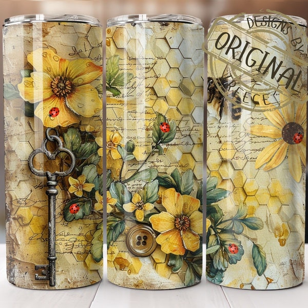 Bumble Bee Ladybug Art Vintage Decoupage Style | Scrapbook Theme  | 20oz Tumbler Wrap | Rustic Graphic Design | Instant PNG Digital Download