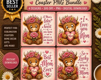 Highland Cow Mom PNG Bundle, Mothers Day Design, Coaster Sublimation File, Floral Farmhouse Gift, 4 Design Set