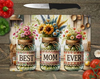 Best Mom Ever Wildflower Country Jars, Kitchen Glass Cutting Board Digital Sublimation PNG File, Instant Download
