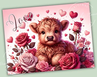 Baby Highland Cow Love PNG | Valentine Roses Glass Cutting Board Sublimation Design