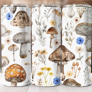 Watercolor Cottage Core Nature Mushroom Wildflower Sublimation Design | 20oz Tumbler Wrap | Instant PNG Digital Download